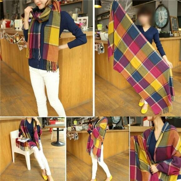 Blanket Scarf Long Plaid Women's Chunky Oversized Winter Fall Winter Purple - Picture 5 of 6